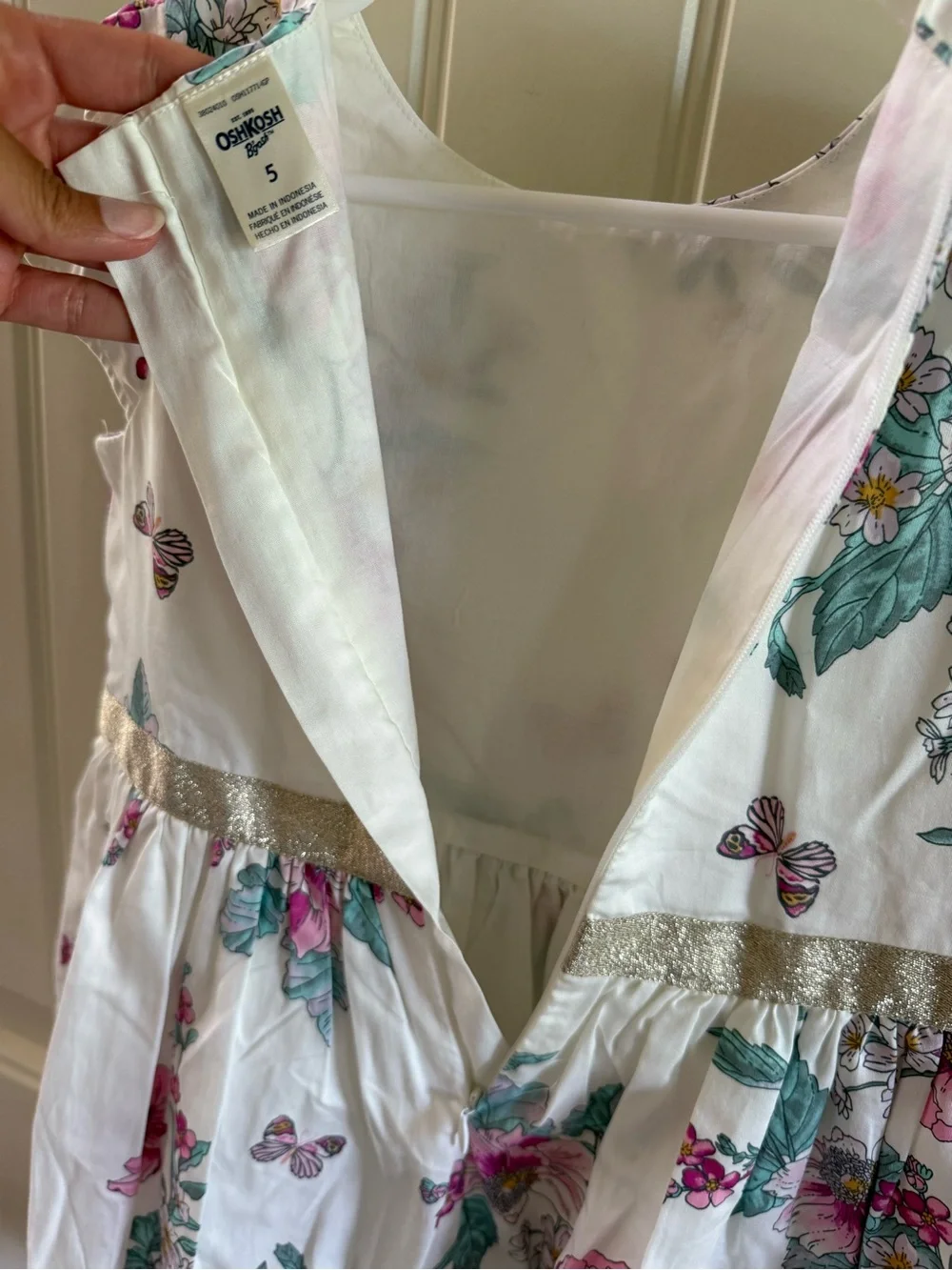 OshKosh B'gosh White Floral Dress with Pink and Green Accents and Gold Waistband